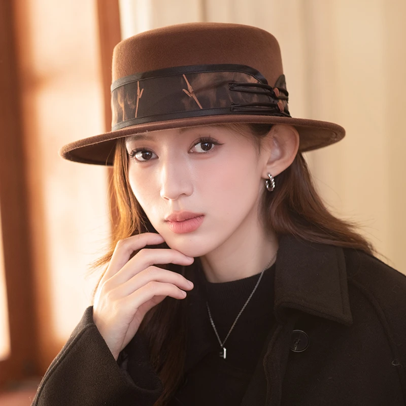 香雪羽秀新款羊毛平檐礼帽奢华高端优雅气质