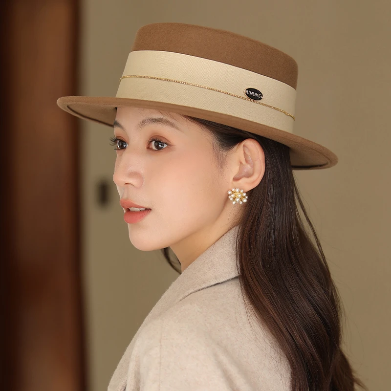 香雪羽秀羊毛呢礼帽女春秋季新款优雅百搭赫本风时尚平顶帽子女冬