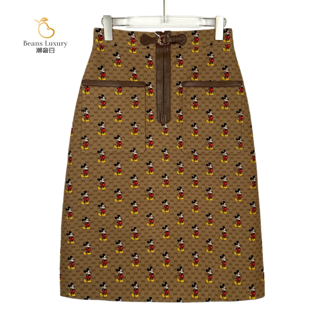 99新 GUCCI/古驰 棕色米奇老鼠图案满印A字短裙/H9966