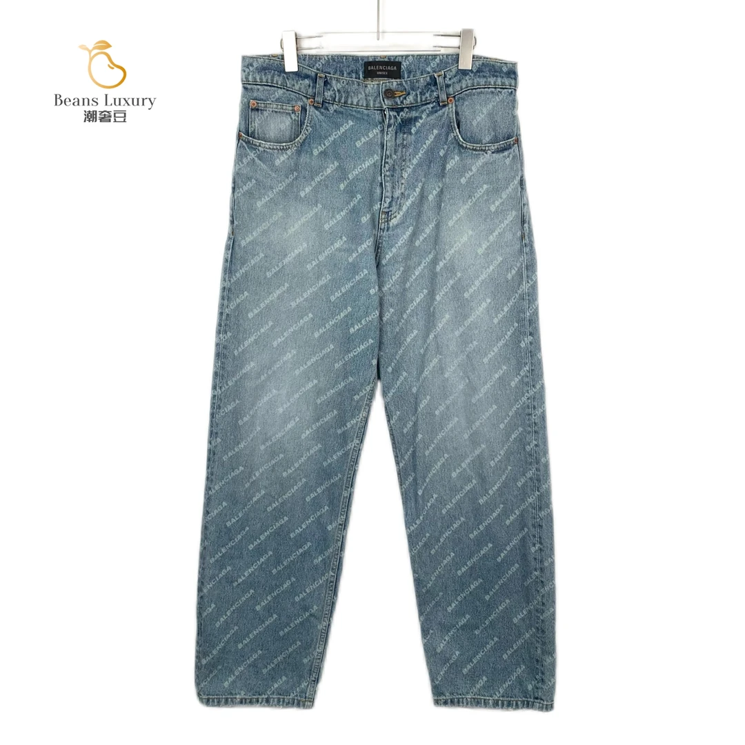 99新 Balenciaga/巴黎世家 蓝色字母满印长裤/H10234