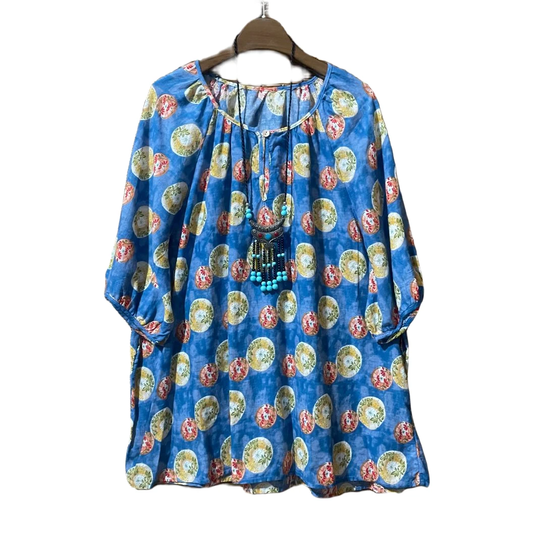 丽丽/设计师女款圆领碎花百搭短袖时尚宽松棉麻