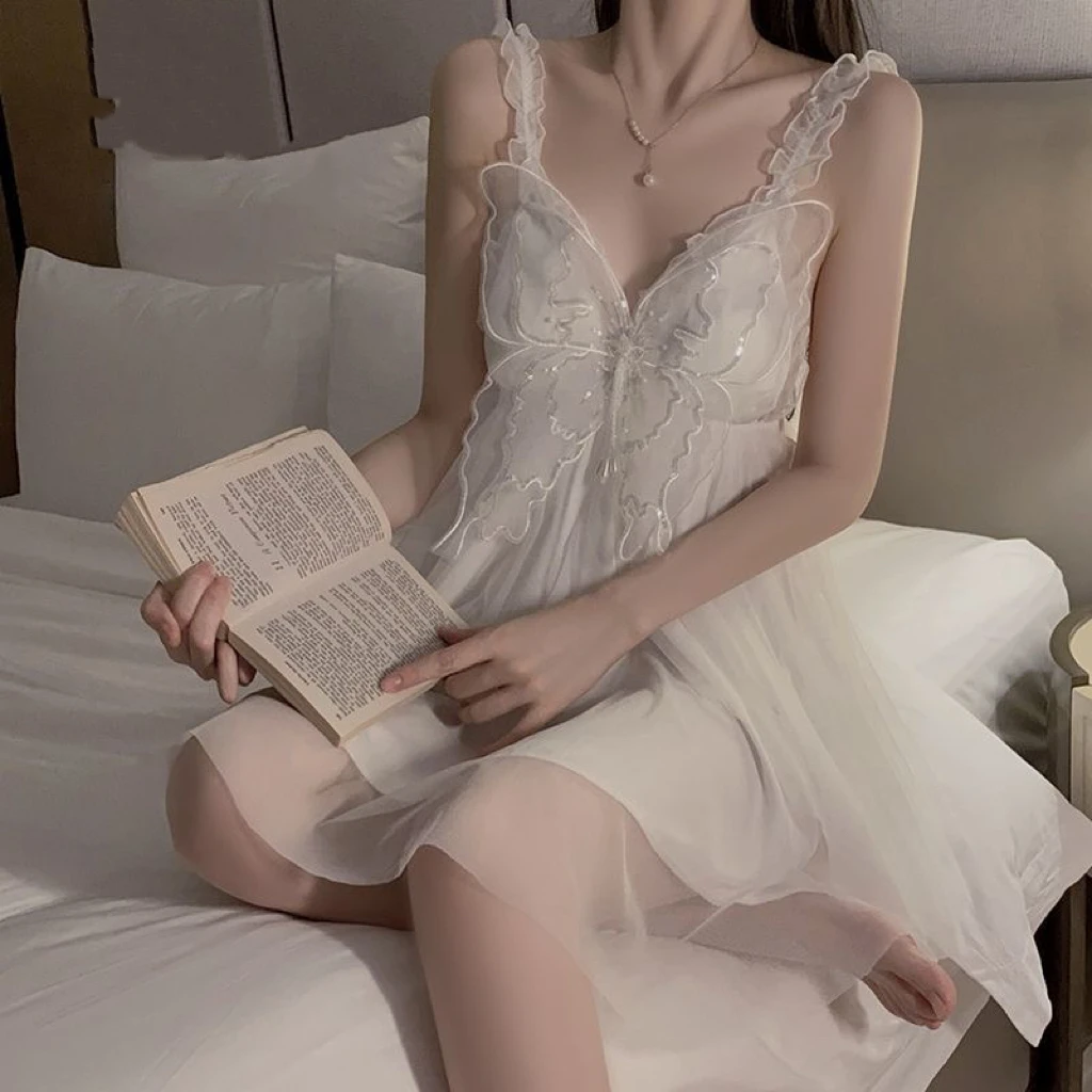 【羞玉颜】蝴蝶睡衣蝴蝶结吊带睡裙性感蕾丝家居服