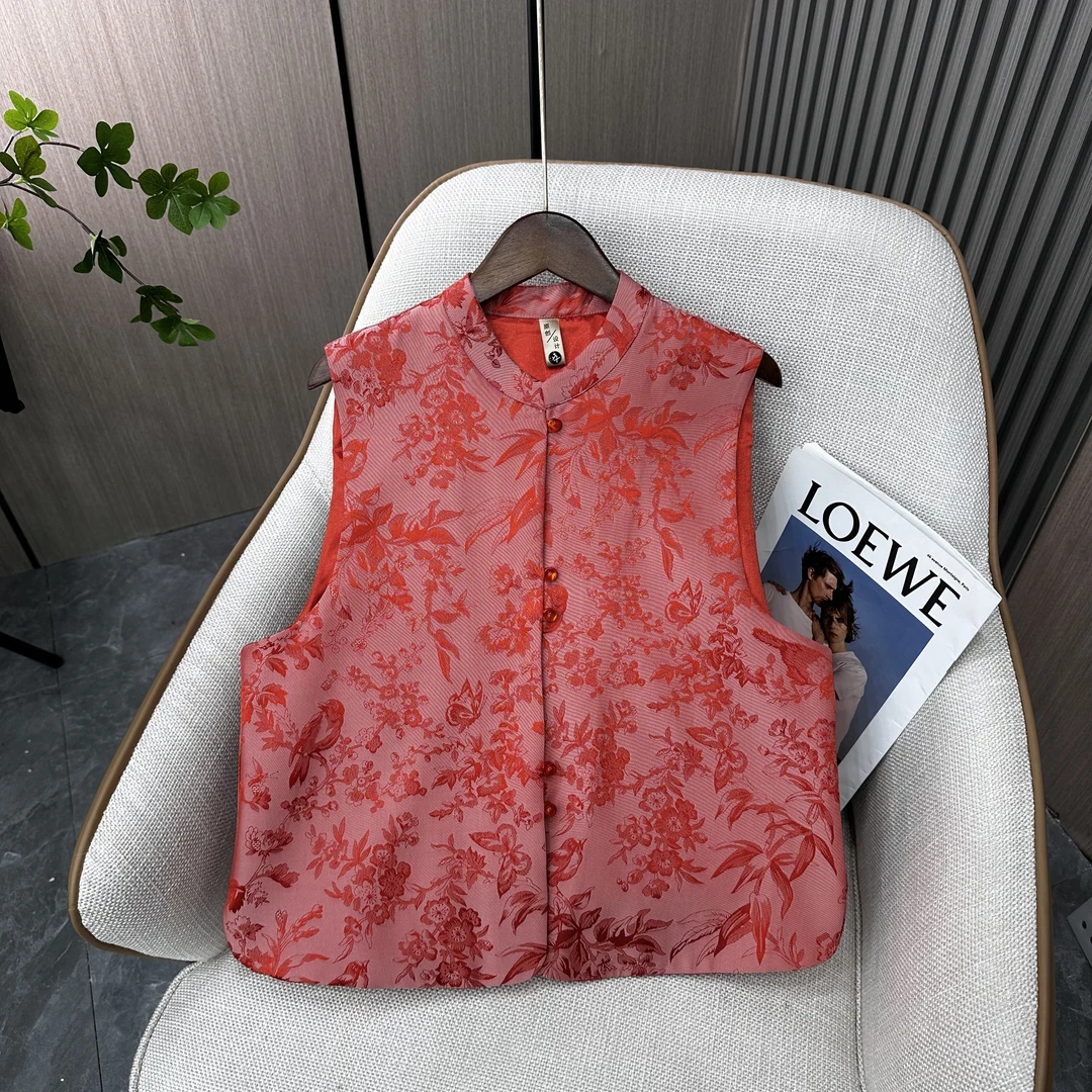 【霓虹】2024新中式立领提花秋季新款国风红色马甲气质女装上衣马夹