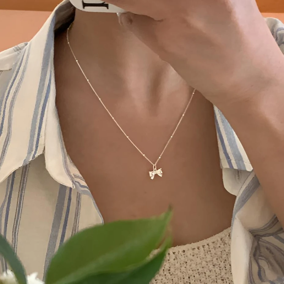 坠链均925银 蝴蝶结小银豆豆项链日韩ins东大门时尚百搭小清新