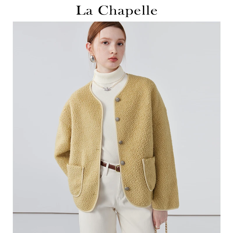 拉夏贝尔LaChapelleV领排扣纯色气质仿羊羔毛皮毛一体外套女秋季