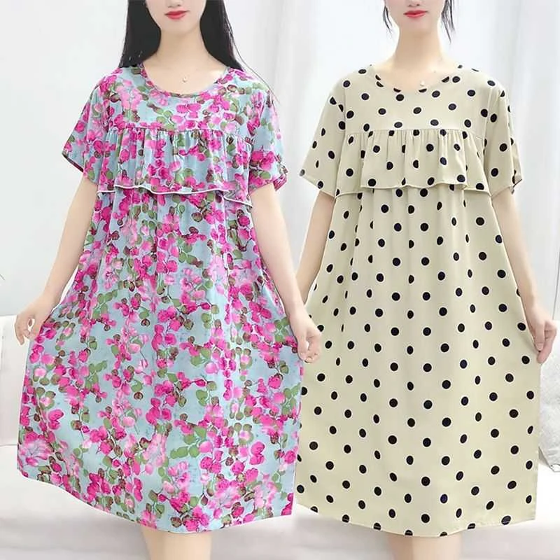 时尚裙子夏季女士棉绸防凸点睡裙中年新款大码短袖睡衣穿家居