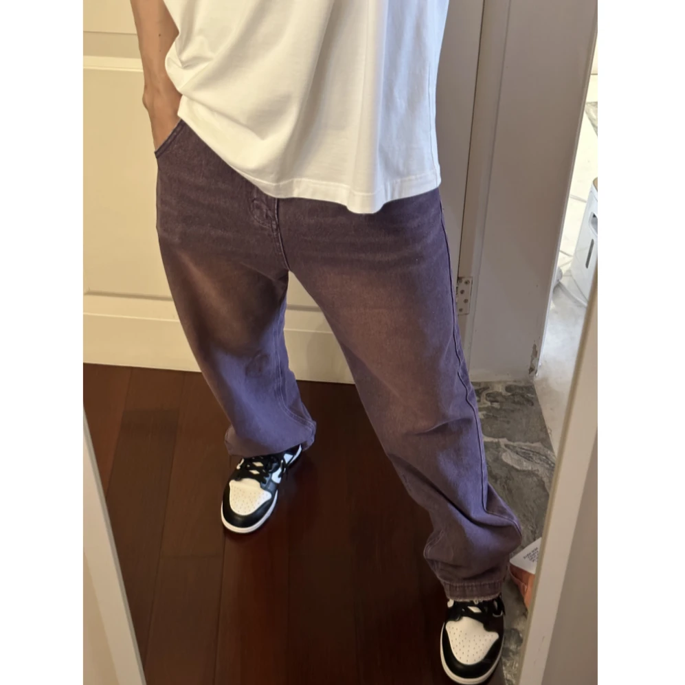 潮牌 做旧复古紫色/粉色水洗牛仔裤潮流百搭休闲宽松直筒男女同款