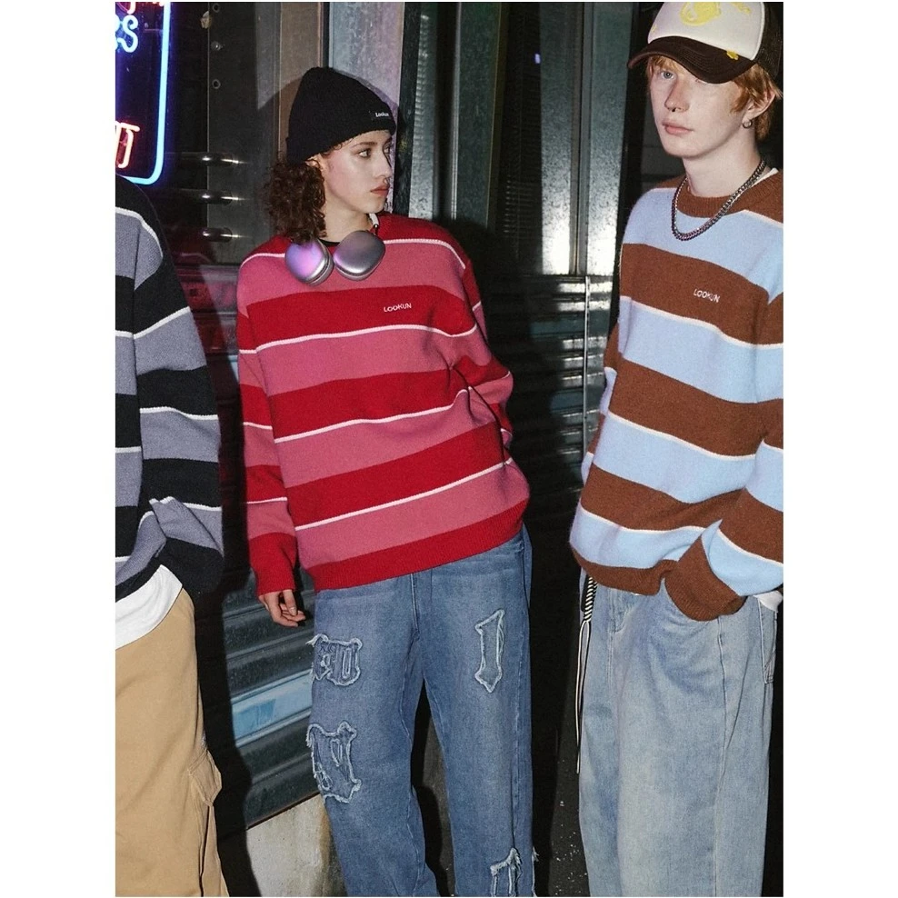 物空LOOKUN潮牌毛衣秋冬经典撞色条纹宽松圆领针织衫