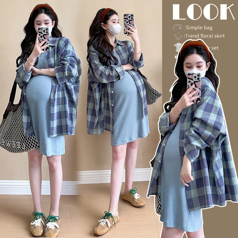 孕妇夏装慵懒风美式辣妈格子防晒衬衫搭配高弹背心裙潮妈