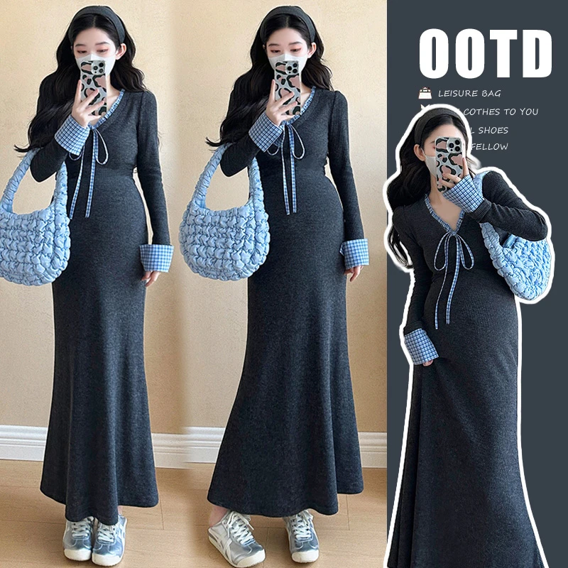 2024秋冬装加厚针织格子拼接系带法式修身弹力长款孕妇连衣裙