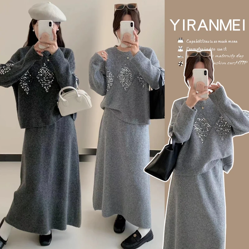 孕妇装秋冬新款韩版时尚气质显瘦亮闪上衣+可调节半身裙套装