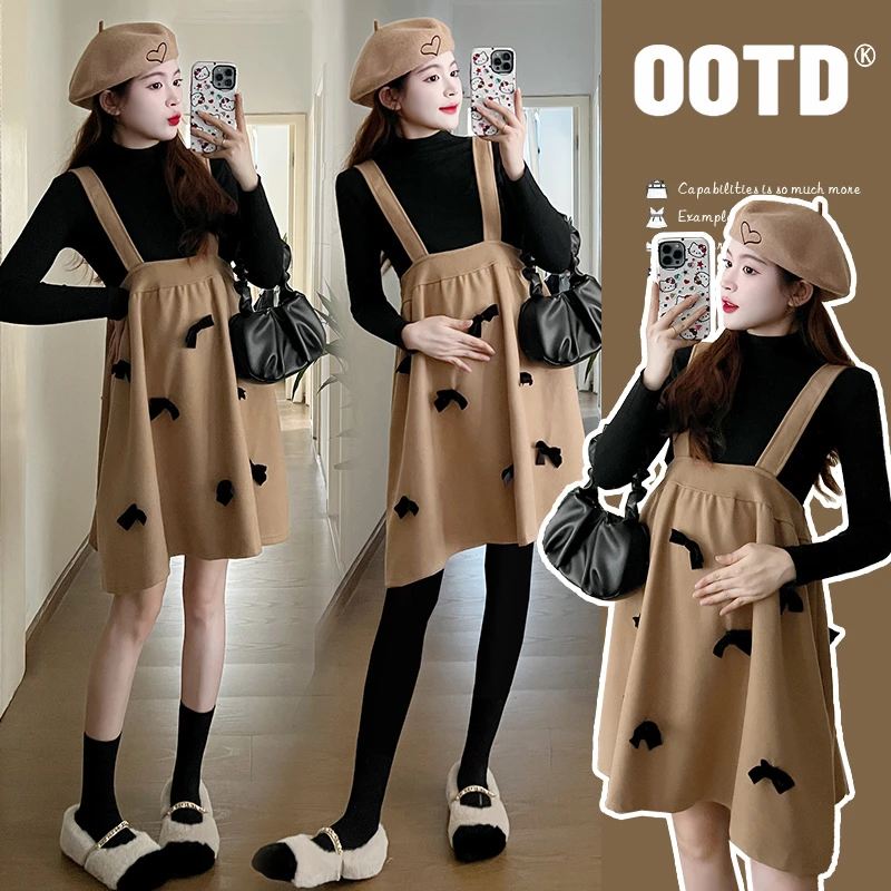 孕妇装秋冬韩版甜美复古高腰宽松蝴蝶结背带裙+打底衫两件套