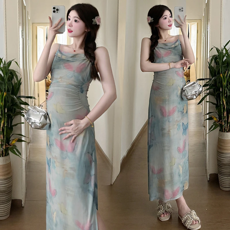2024新款孕妇装复古文艺森系蝴蝶网纱度假风潮妈吊带连衣裙