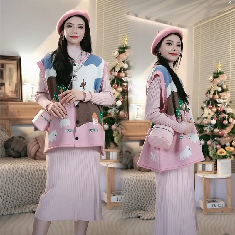 【乔鲁漫画】新款网红孕妇装秋冬童趣马甲上衣+宽松打底连衣裙