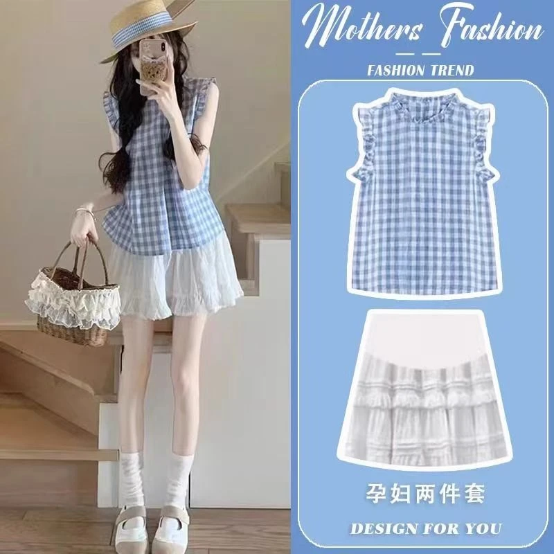 孕妇装夏季甜美时尚蓝色格子小清新背心搭配裤裙