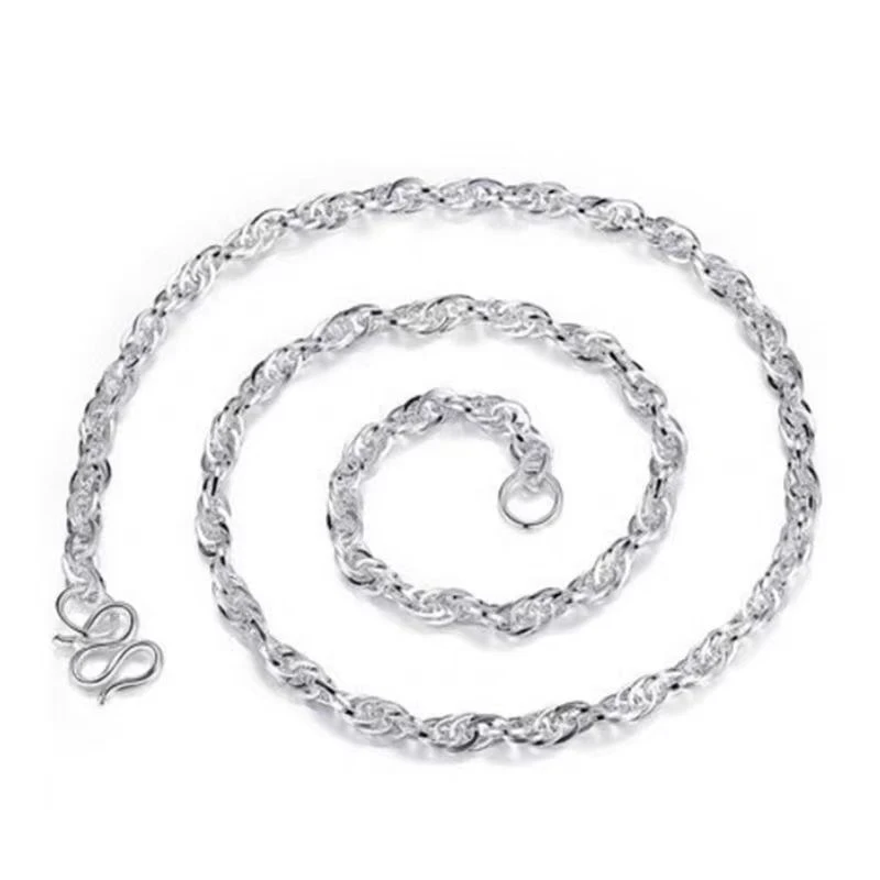 链子足银 999足银女款百搭水波纹项链女素链简约足银项链编号326