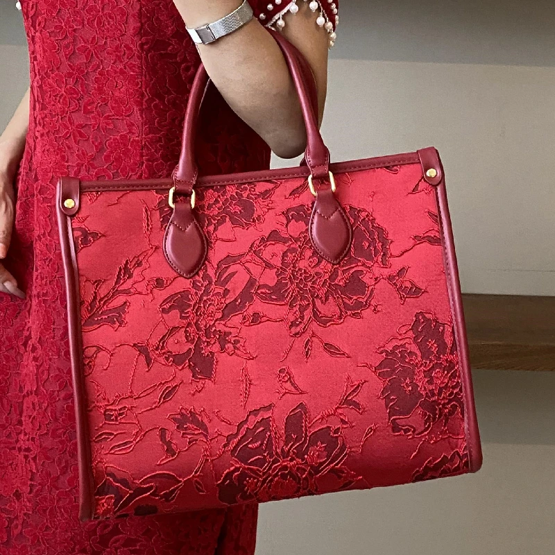 暗纹高级感中式风红色包包结婚宴婚包新娘包妈妈大容量婆婆手提包