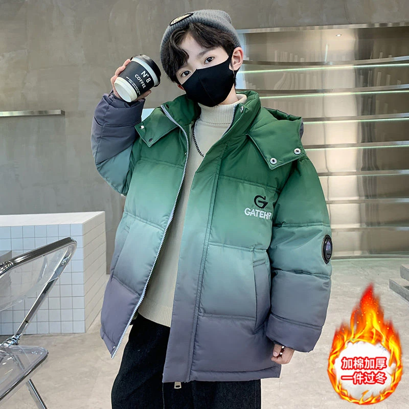 男童中大童2024新款冬季棉服加绒加厚连帽潮流渐变棉袄保暖韩版