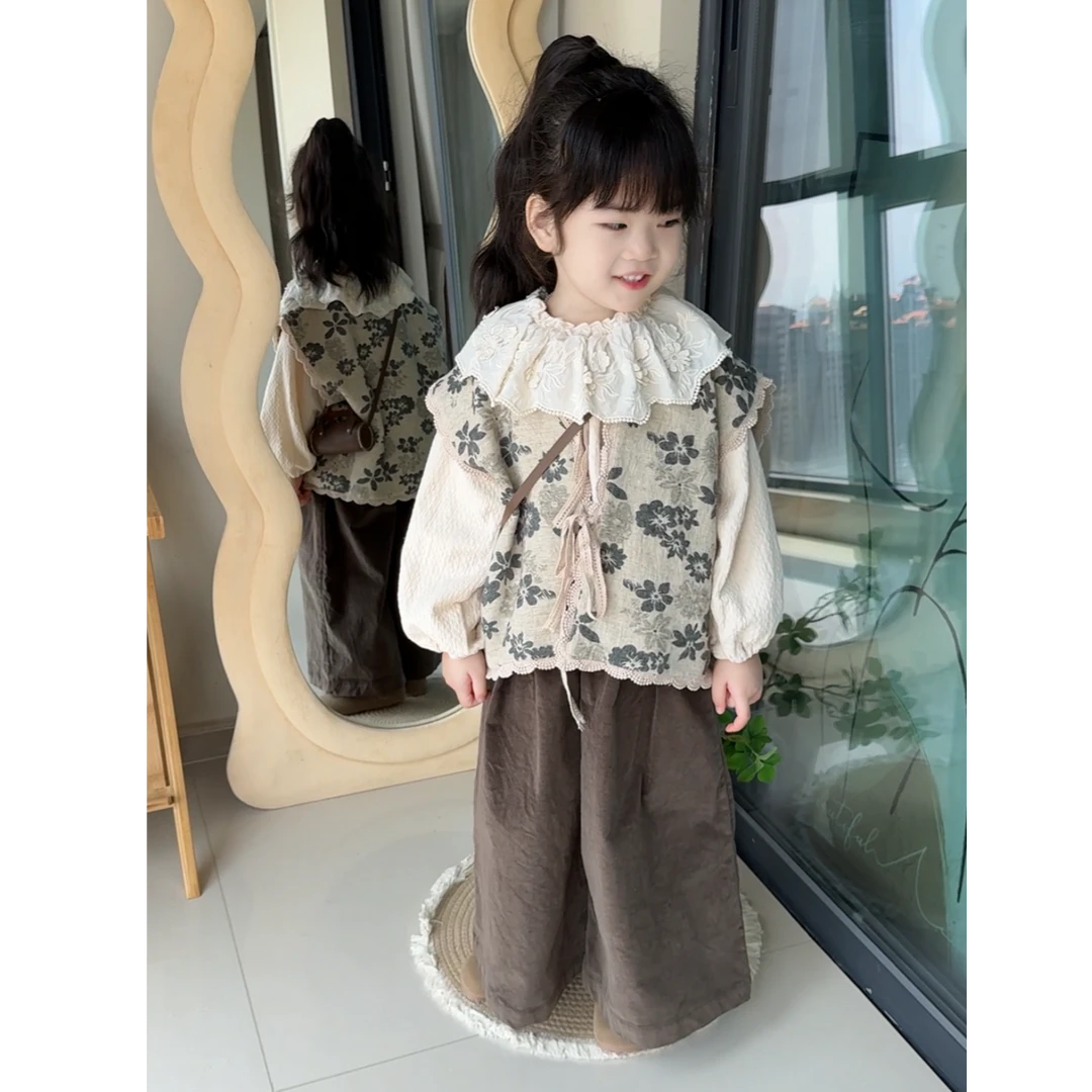 2024秋季童装女童韩版宽松设计感复古花边打底马甲背心阔腿裤
