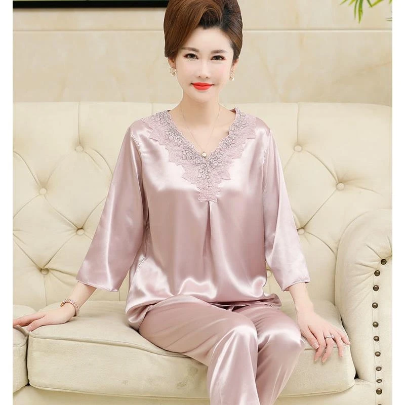 中老年妈妈睡衣夏短袖长裤2025新款女士夏季大码公主风带胸垫睡裙