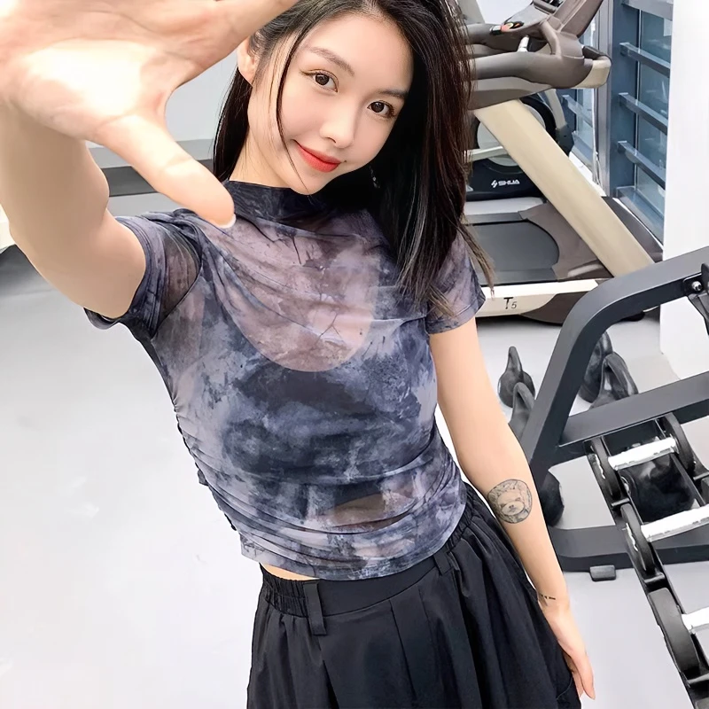 薄款网纱修身罩衫女士休闲跑步短袖扎染透气健身速干瑜伽服上衣