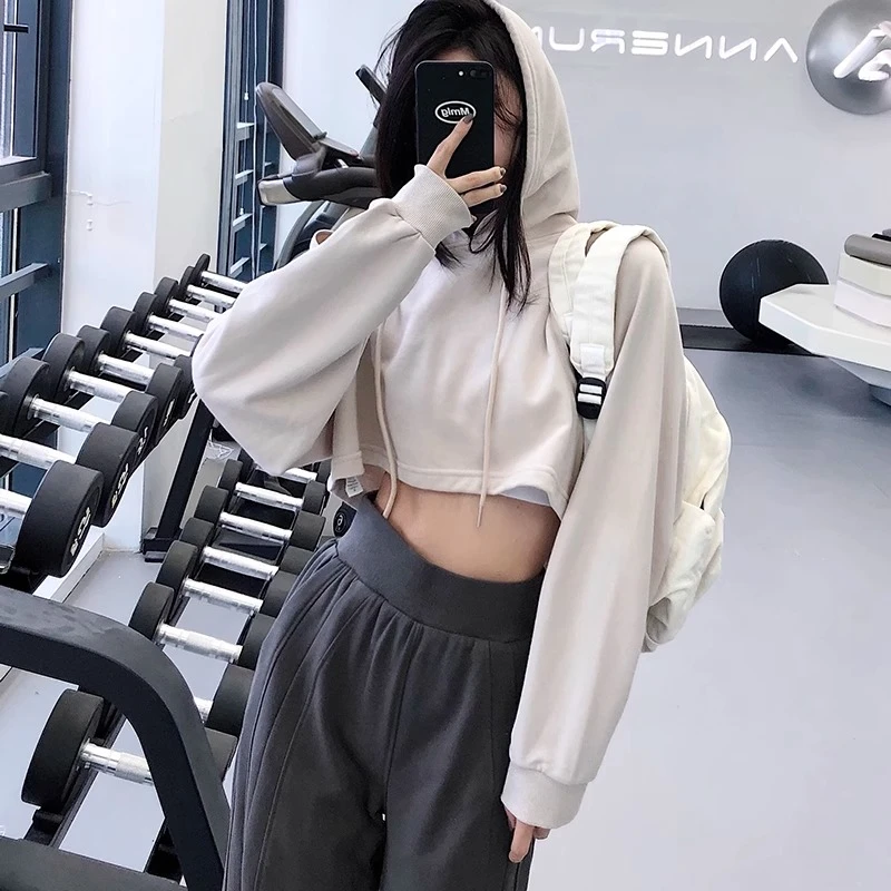 跑步休闲连帽运动卫衣女露脐短款抽绳宽松健身上衣套头长袖瑜伽服