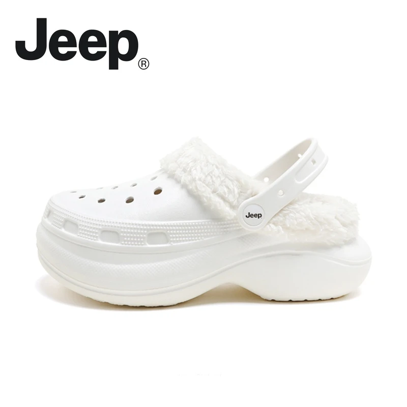 JEEP/吉普洞洞鞋女加绒厚底秋冬保暖外穿棉拖鞋增高防滑毛绒棉鞋