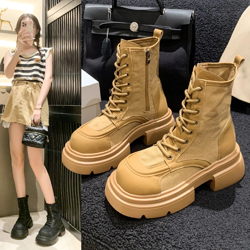 秋季新款2023时尚复古大头马丁靴女厚底松糕百搭机车靴短靴大黄靴