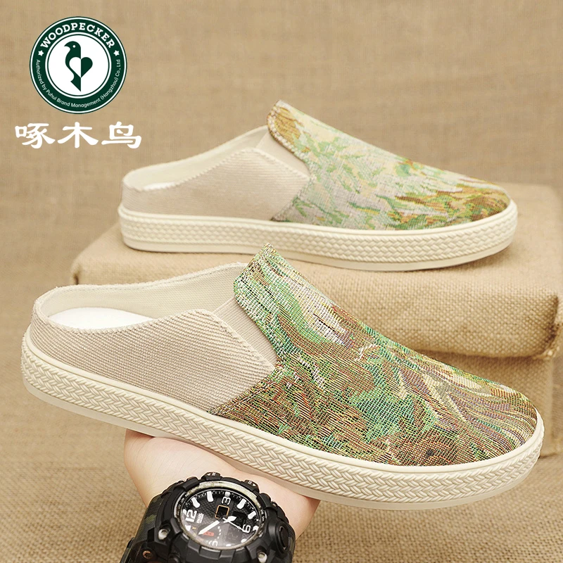 啄木鸟半拖鞋男鞋夏季潮流布鞋一脚蹬透气开车鞋男士无后跟休闲鞋