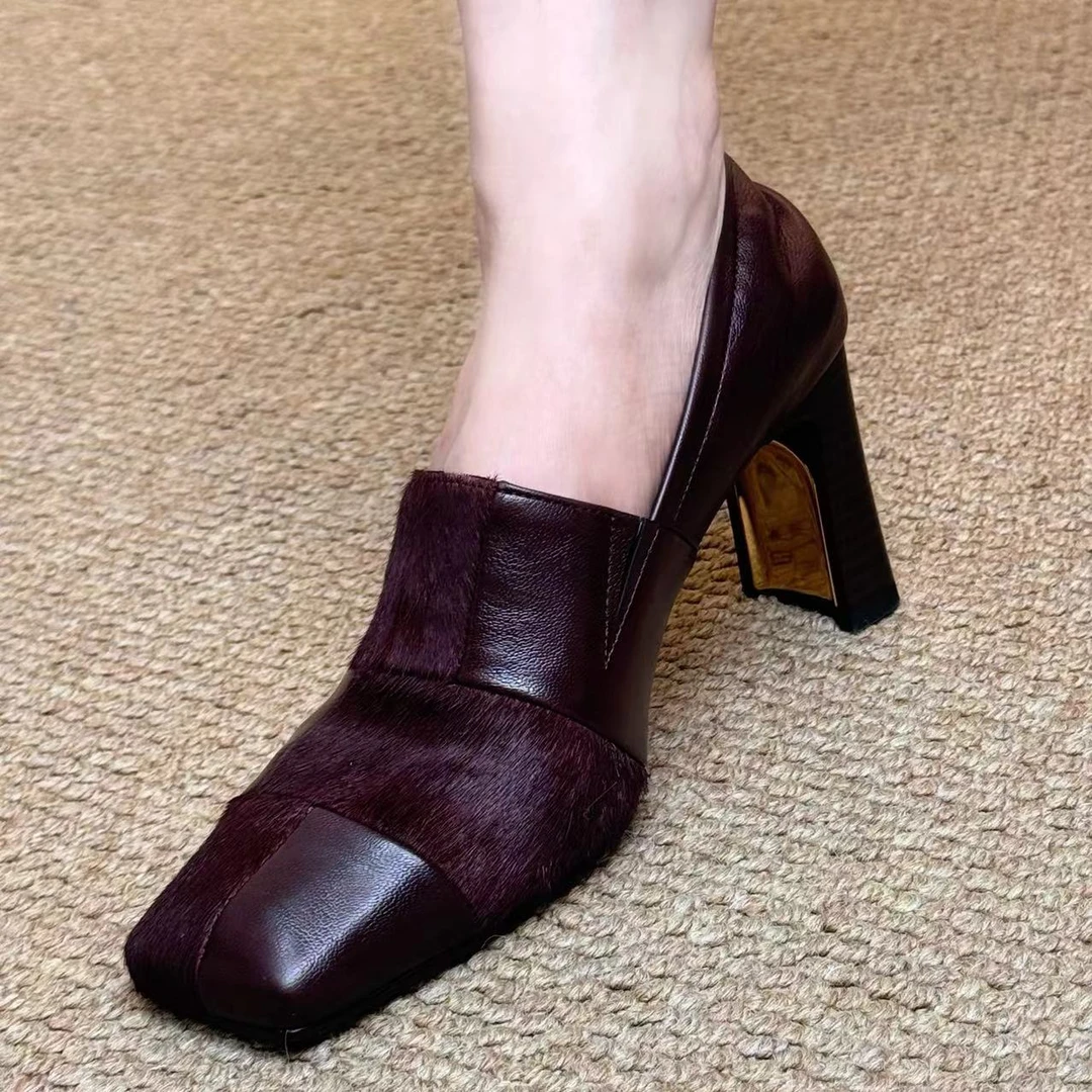 755黑色百搭气质舒适纯手工经典拼接高跟单鞋