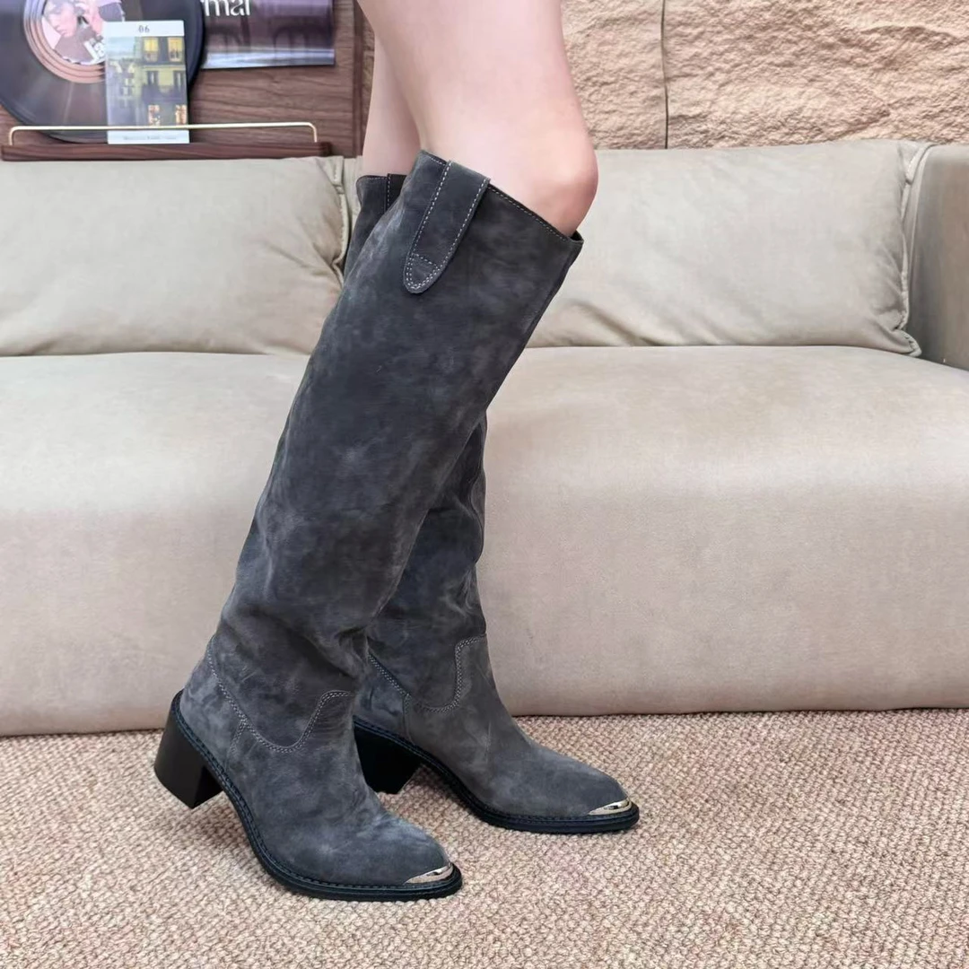 孤品36码秋冬中长筒时尚百搭长靴真皮牛反绒女靴