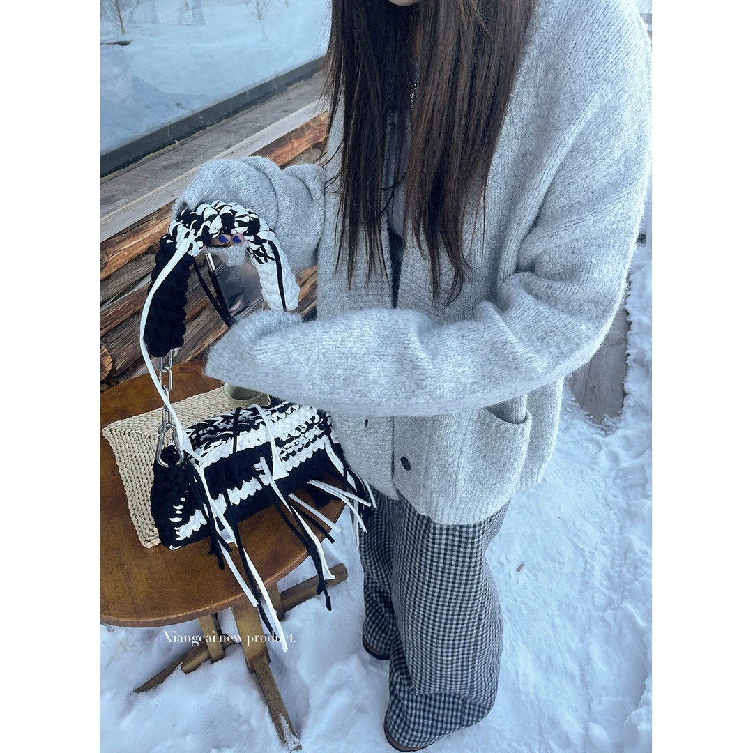 香菜不加辣XIANGCAI 黑白纯手工编织腋下包包女士秋冬时尚斜挎包