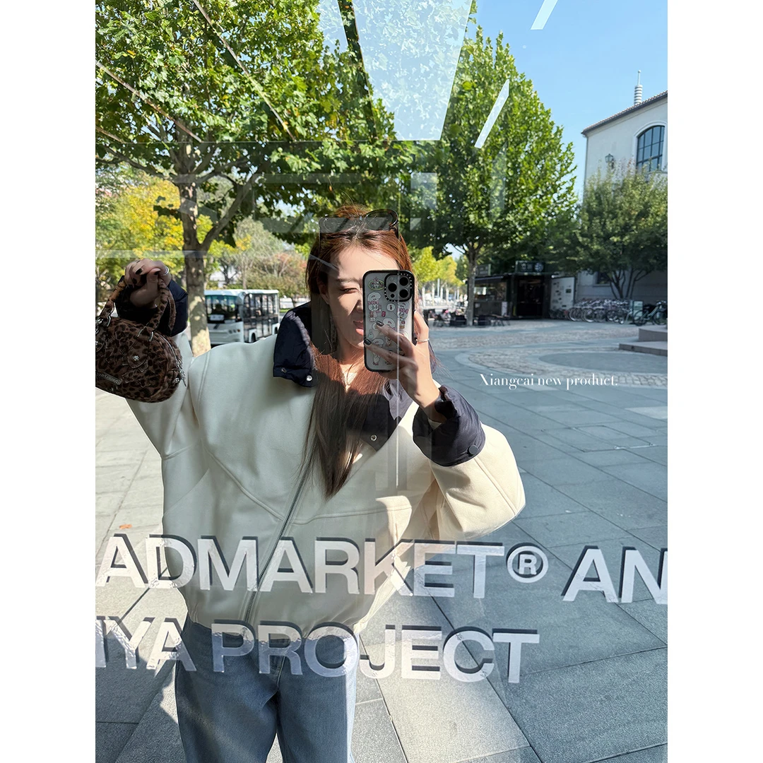 香菜不加辣XIANGCAI 宽松休闲毛呢连帽棉服外套女秋冬夹棉外套