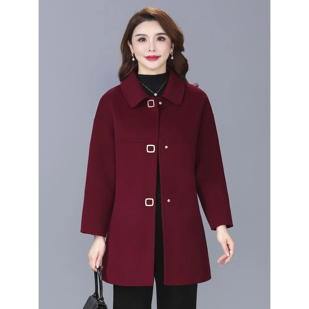 大码妈妈装秋冬洋气双面羊毛呢子大衣中老年人高贵冬装毛呢外套女