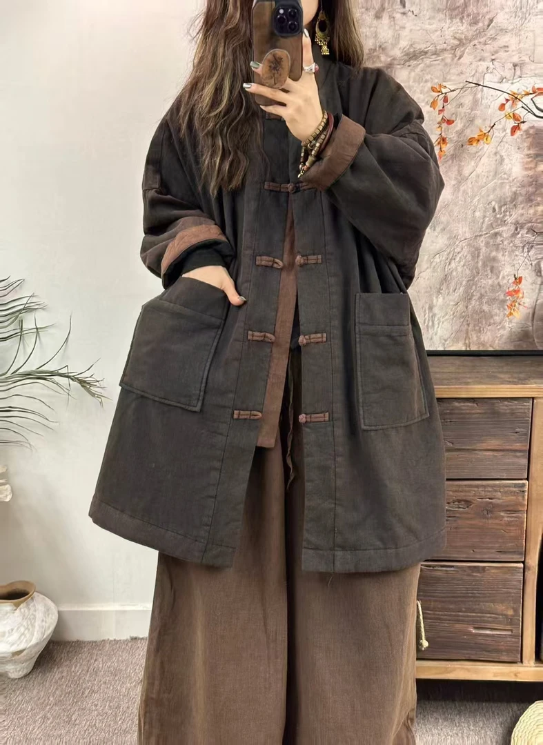【布衣麻舍】7124亚麻炒色做旧盘扣长款棉服（衣长92，胸围155）休闲