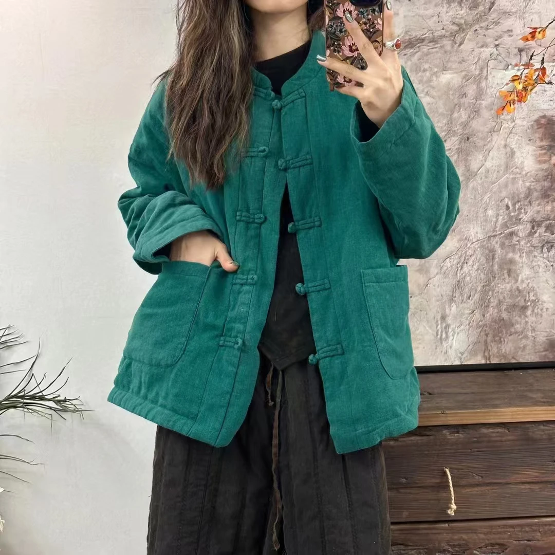 【布衣麻舍】3017亚麻炒色中式短款盘扣棉服（衣长68，胸围140）休闲