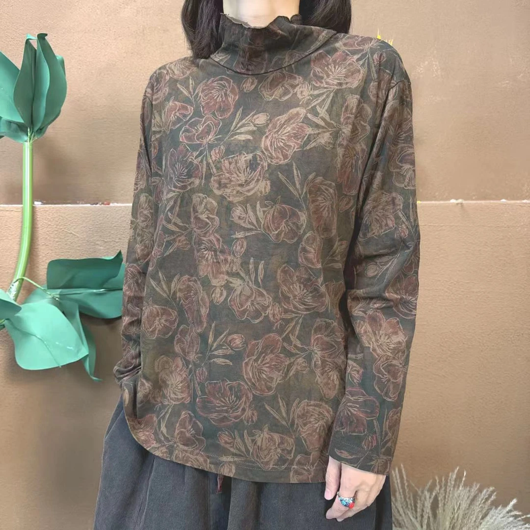 【布衣麻舍】7132花色棉质高领针织套头衫(衣长65,胸围110)休闲百搭