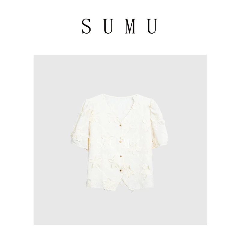 宿慕女士夏季上衣立体花朵V领小衫春夏季新款气质衬衫882305