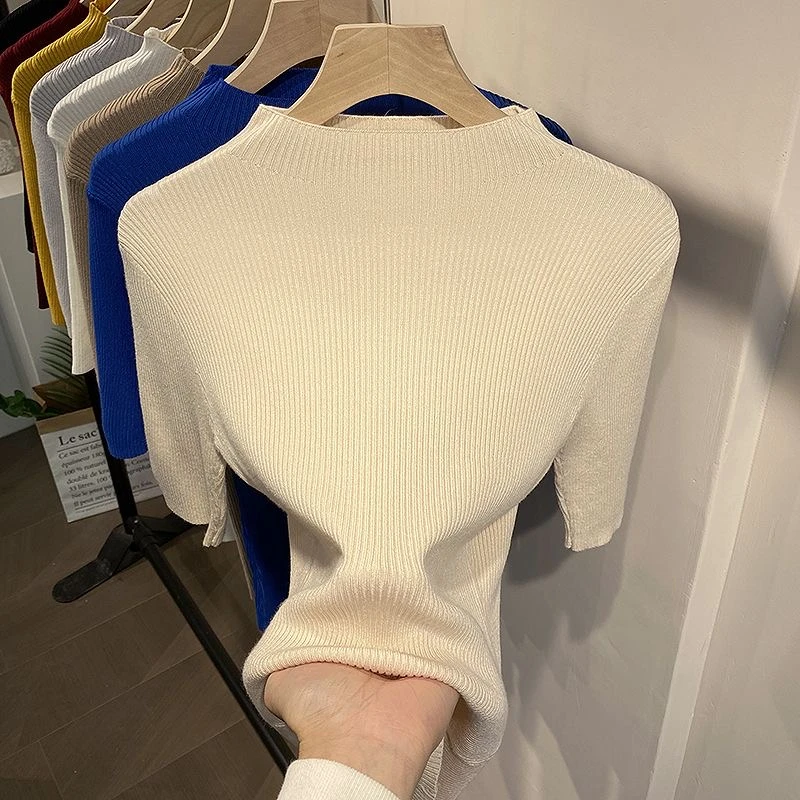 2025春季新款半高领短袖打底衫女薄款羊毛软糯针织洋气修身上衣
