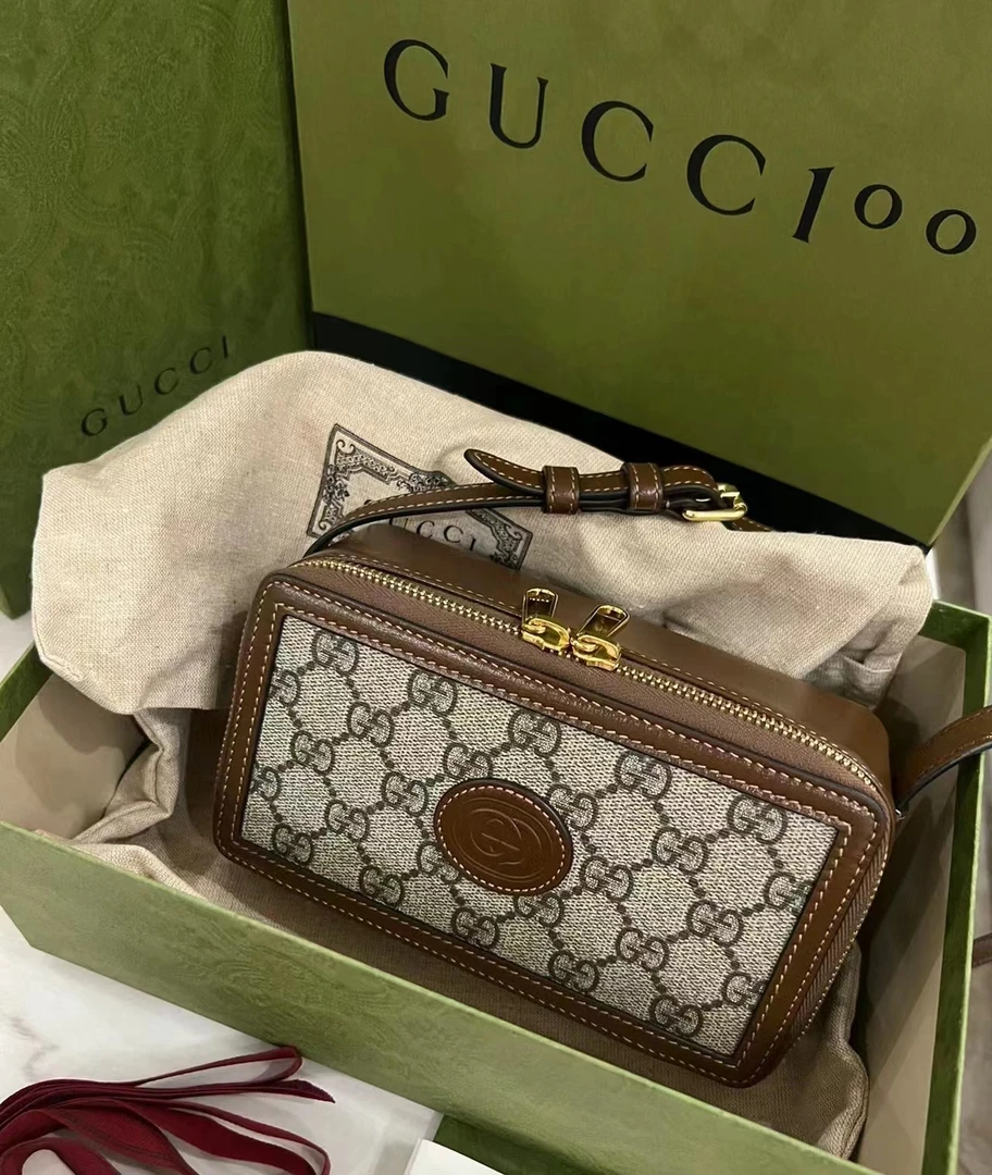 全新未使用 GUCCI/古驰 老花帆布拼皮革小盒子包/迷你男女同款