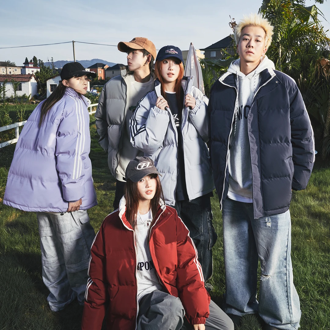 7777新款2024冬季男女条纹五防立领撞色棉服外套