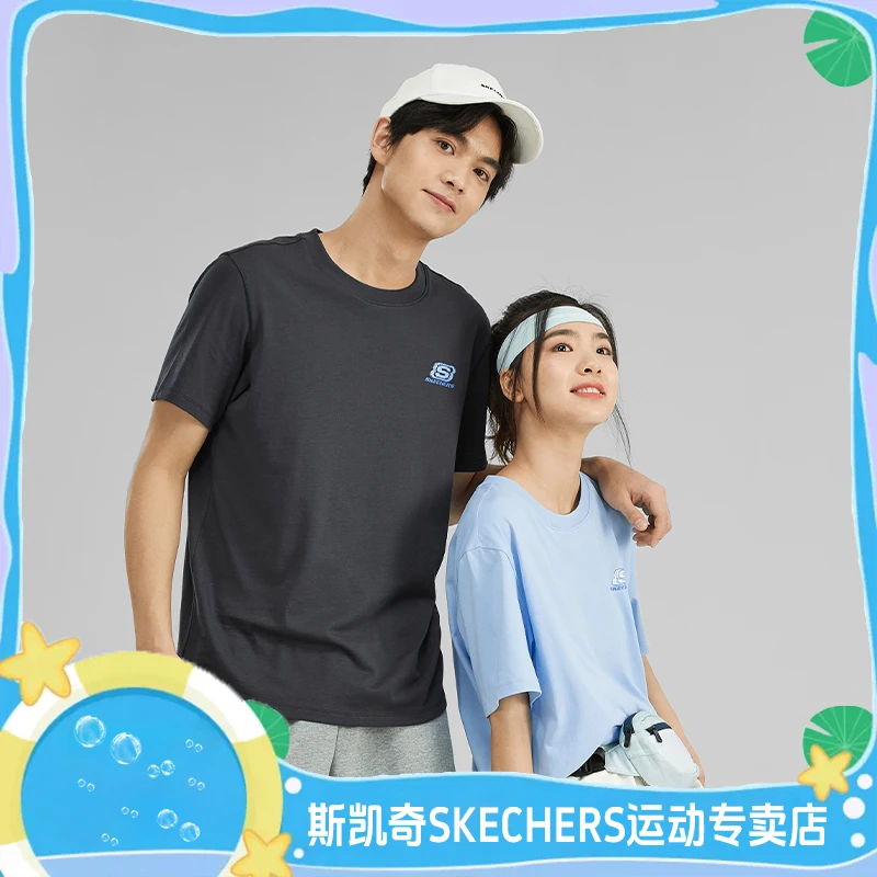 斯凯奇夏季男女情侣T恤舒适印花圆领透气纯棉速干运动短袖潮流