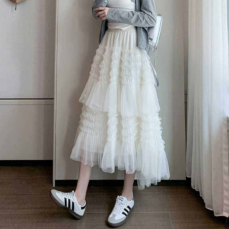显瘦半身裙半身蛋糕裙白色时尚春夏季百搭中长款网纱裙不规则纱裙