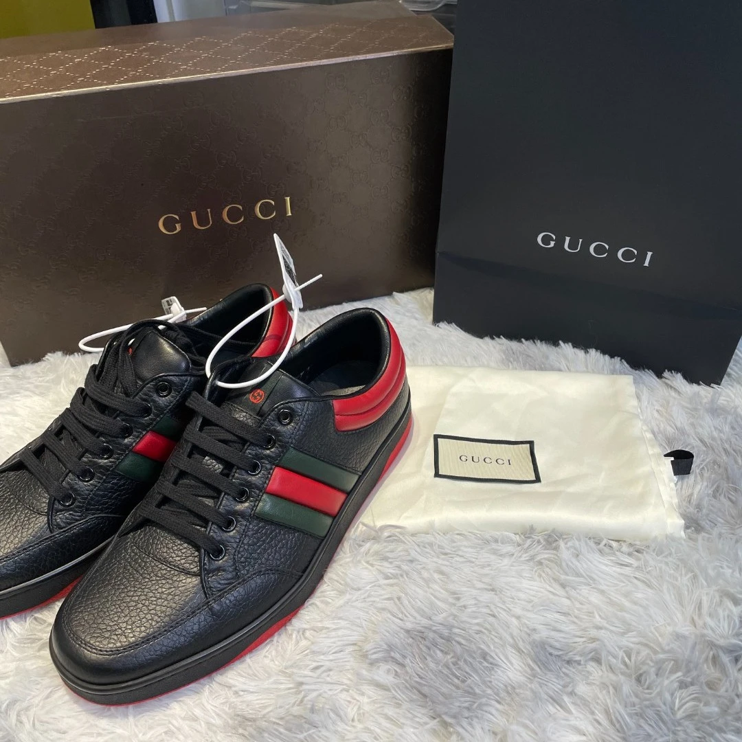 全新未使用 GUCCI/古驰 黑红经典 真皮时尚 休闲板鞋 全新 大全套