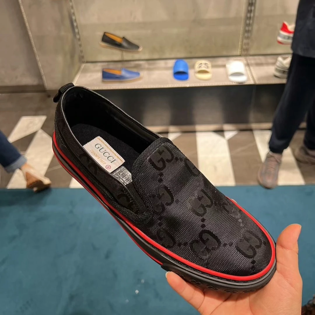全新未使用 GUCCI/古驰 全新全套黑色帆布老花一脚蹬 全新正品