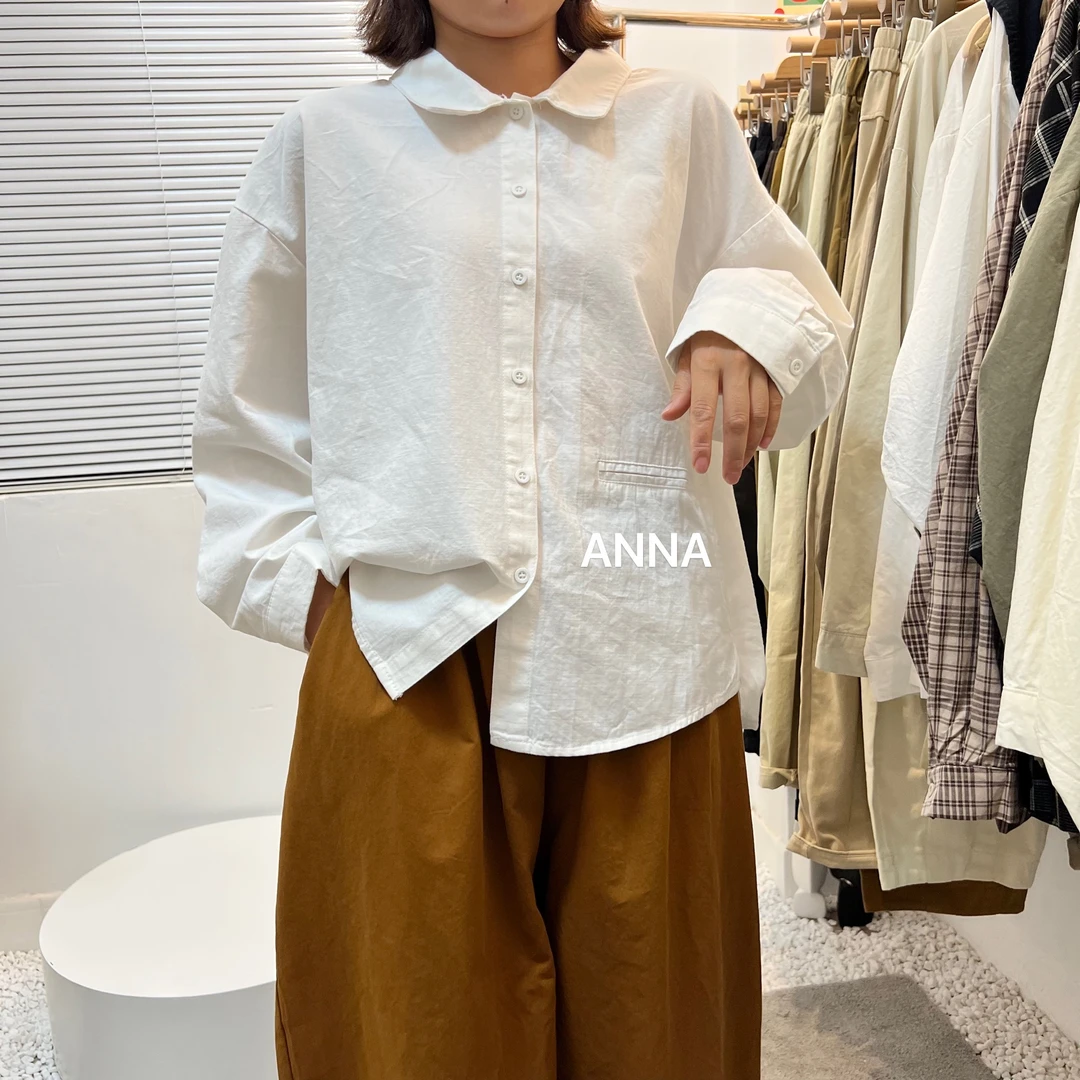 ANNA 自制竹节棉麻娃娃领开叉衬衫 2337#