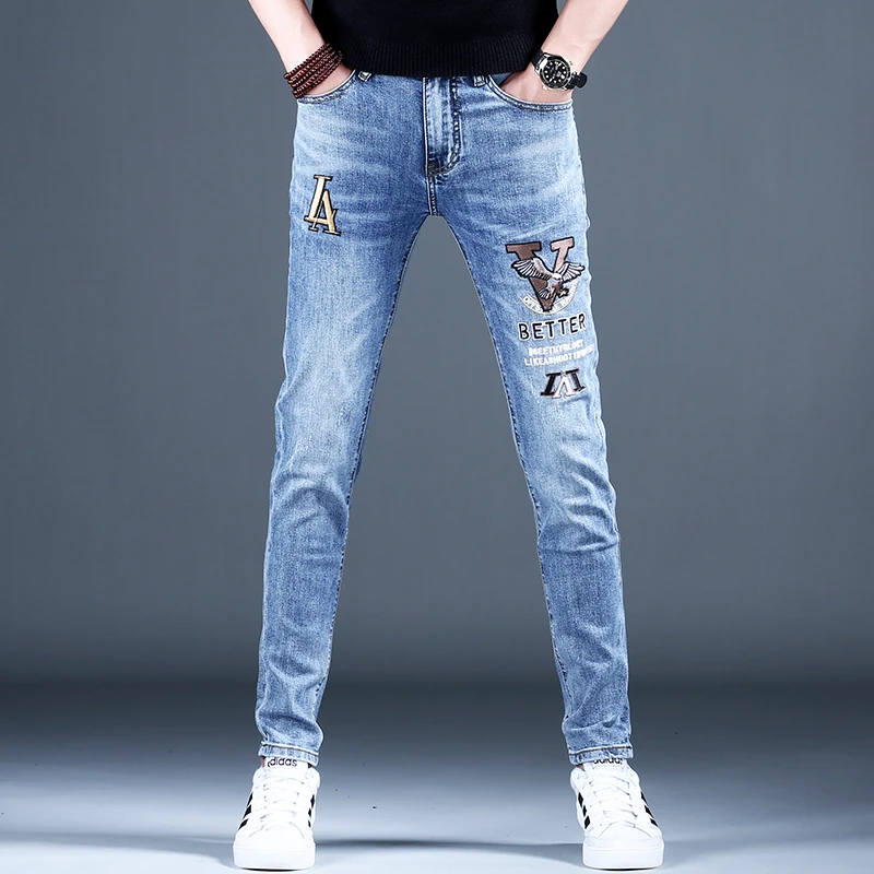 2025新款男士刺绣牛仔裤男款美式高街休闲裤子男水洗小脚修身弹力