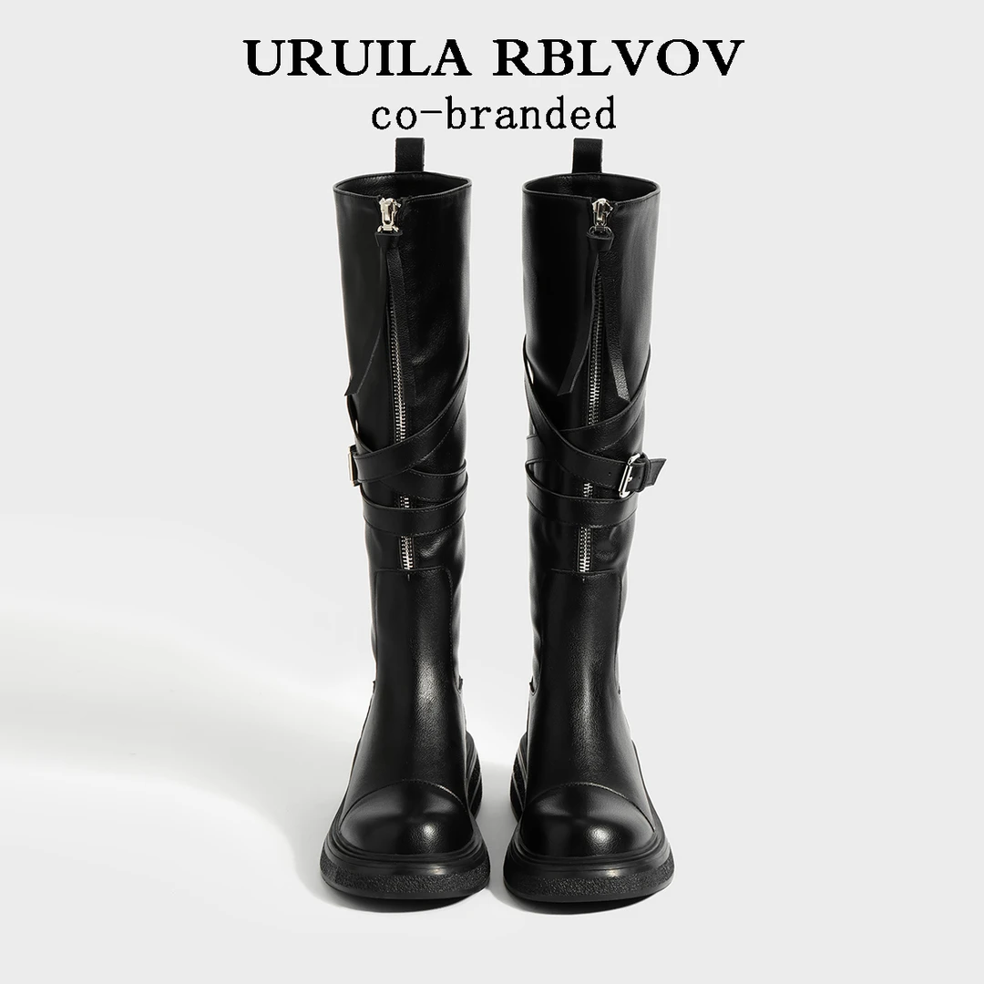 厚底长筒靴女2024新款复古皮带扣西部牛仔靴不过膝高筒骑士靴长靴