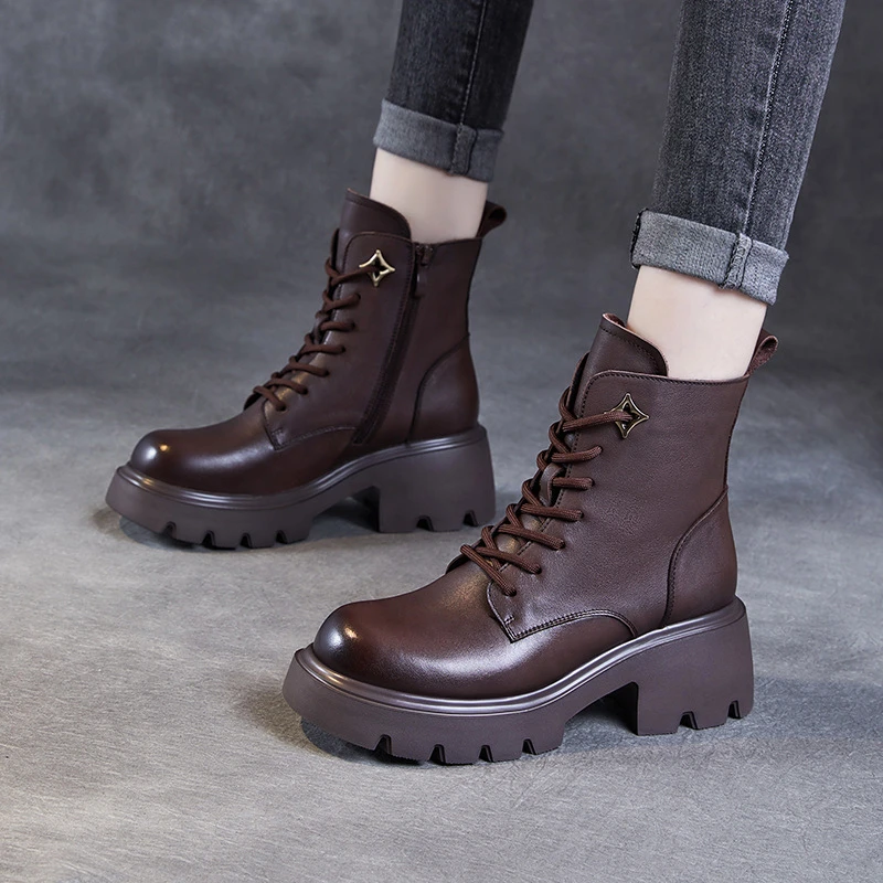 头层牛皮女鞋马丁靴女2025秋季新款百搭短靴圆头系带加绒瘦瘦靴子