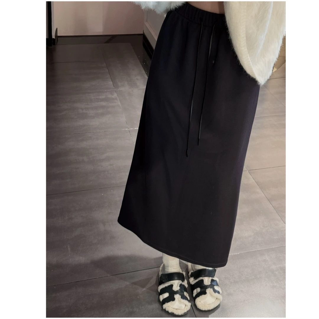 高级感高克重保暖加绒单开叉肌理纹高级细抽绳设计半身长裙